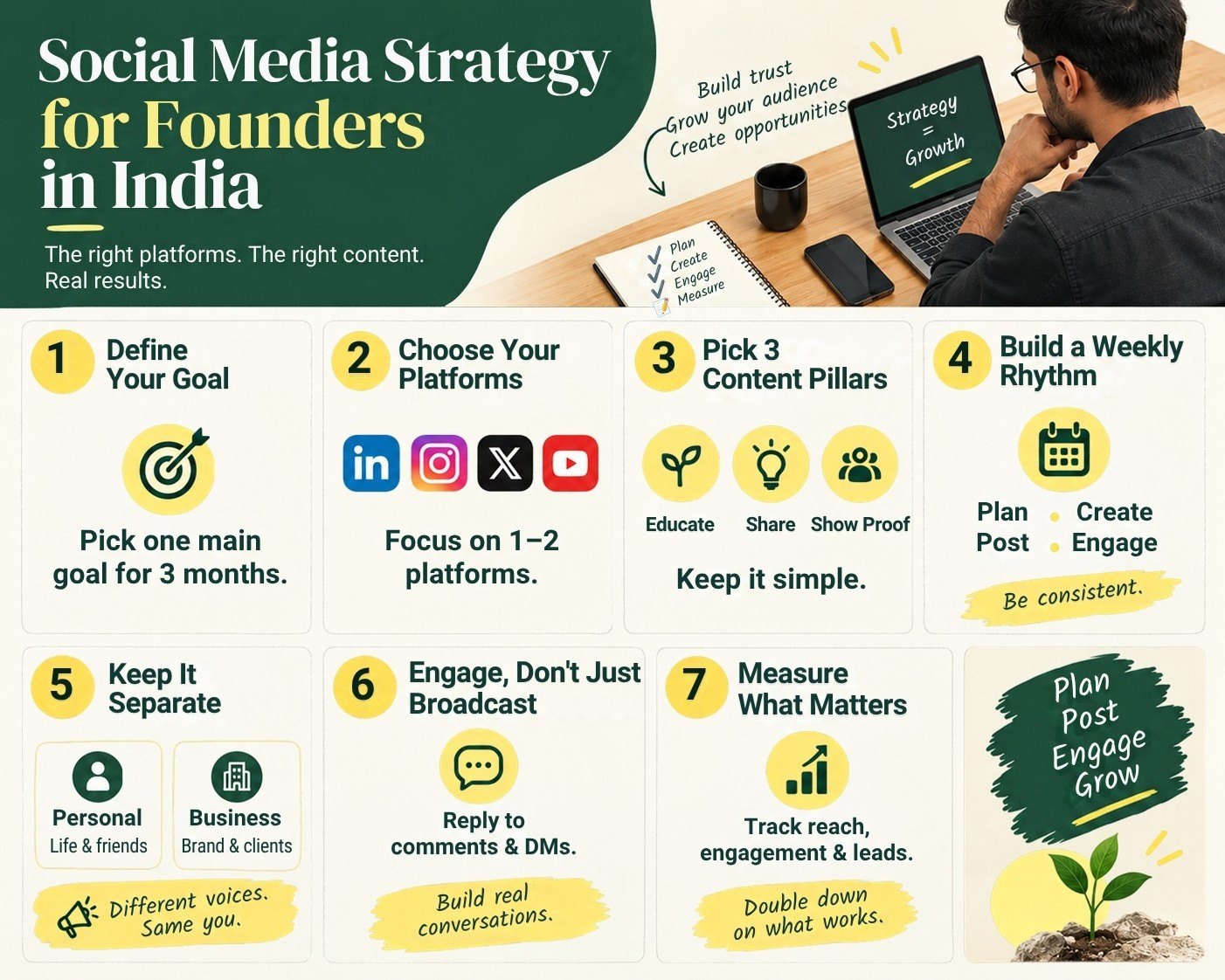 Infographic showing the 7 steps of a social media strategy for founders in India, from setting a goal to measuring results