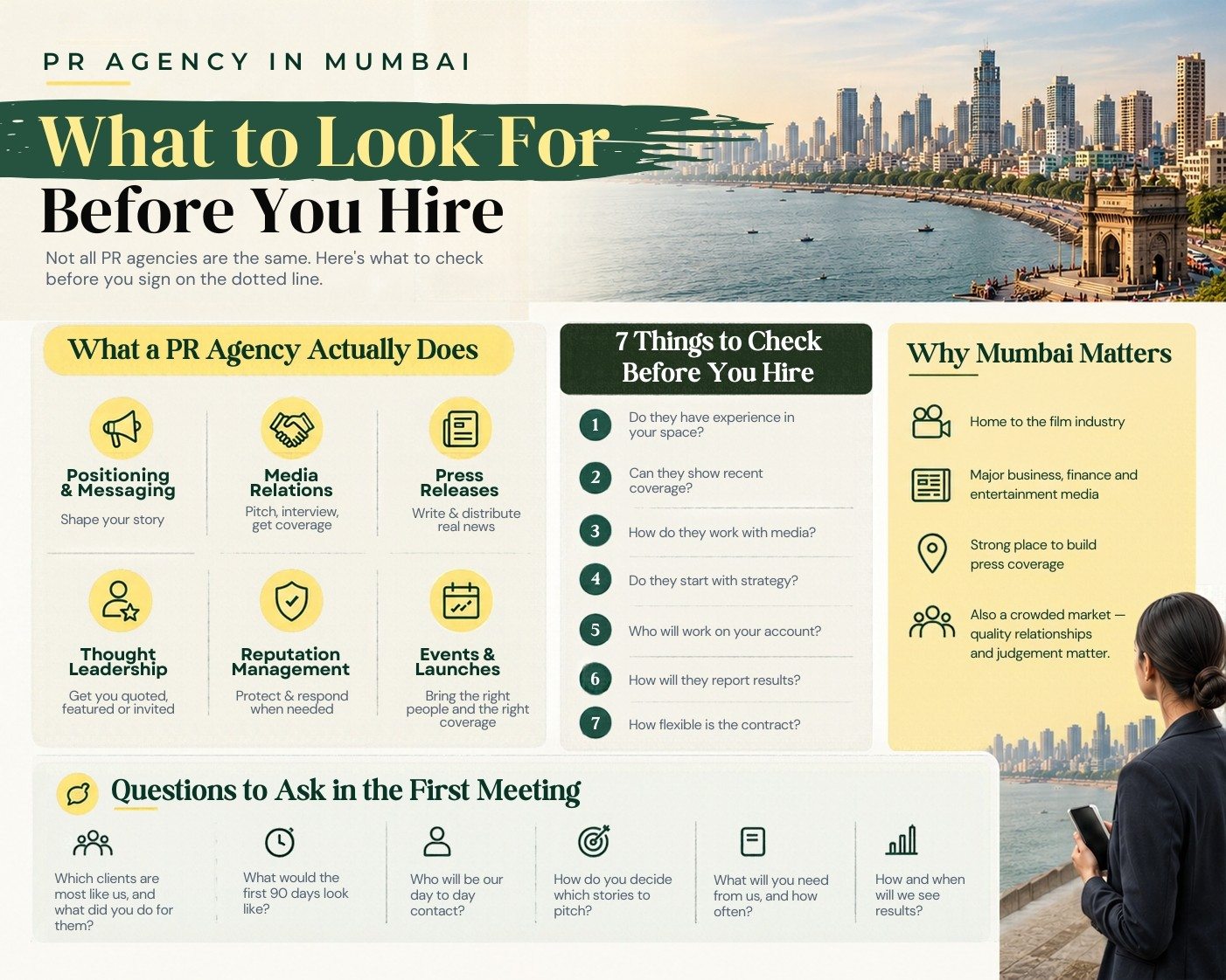 Infographic checklist of 7 things to check before hiring a PR agency in Mumbai, from industry experience to contract flexibility