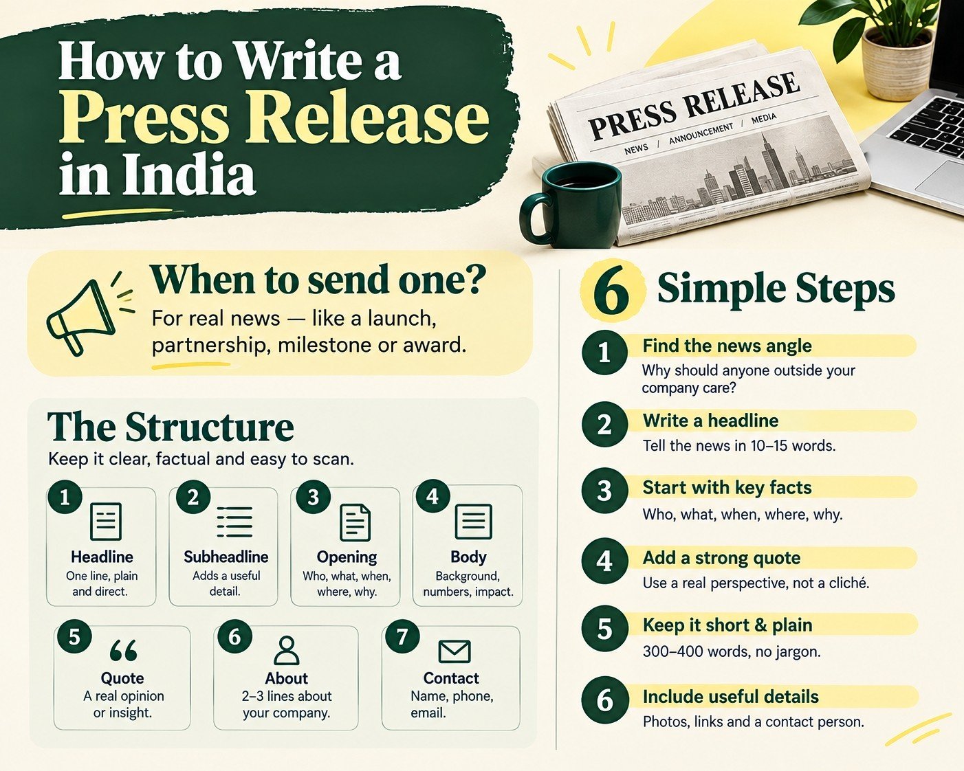 Infographic showing the 6 steps of how to write a press release in India, from finding the news angle to adding journalist contact details