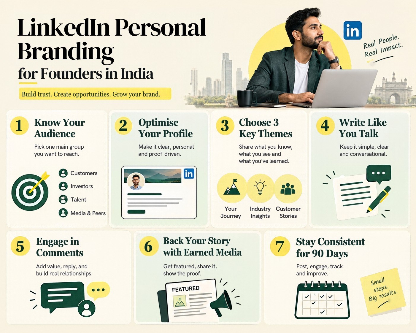 Infographic showing the 7 steps of LinkedIn personal branding for founders in India, from choosing an audience to a 90 day review